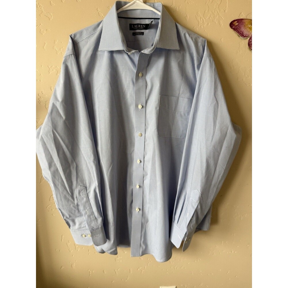 Lauren Ralph Lauren Shirt Mens 17 34/35 Blue Striped Classic Fit Non Iron Cotton